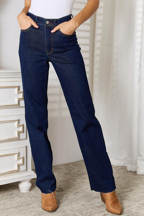 Judy Blue Full Size Raw Hem Straight Leg Jeans with Pockets Dark