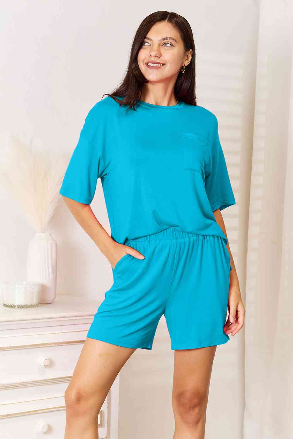 Basic Bae Full Size Soft Rayon Half Sleeve Top and Shorts Set Sky Blue