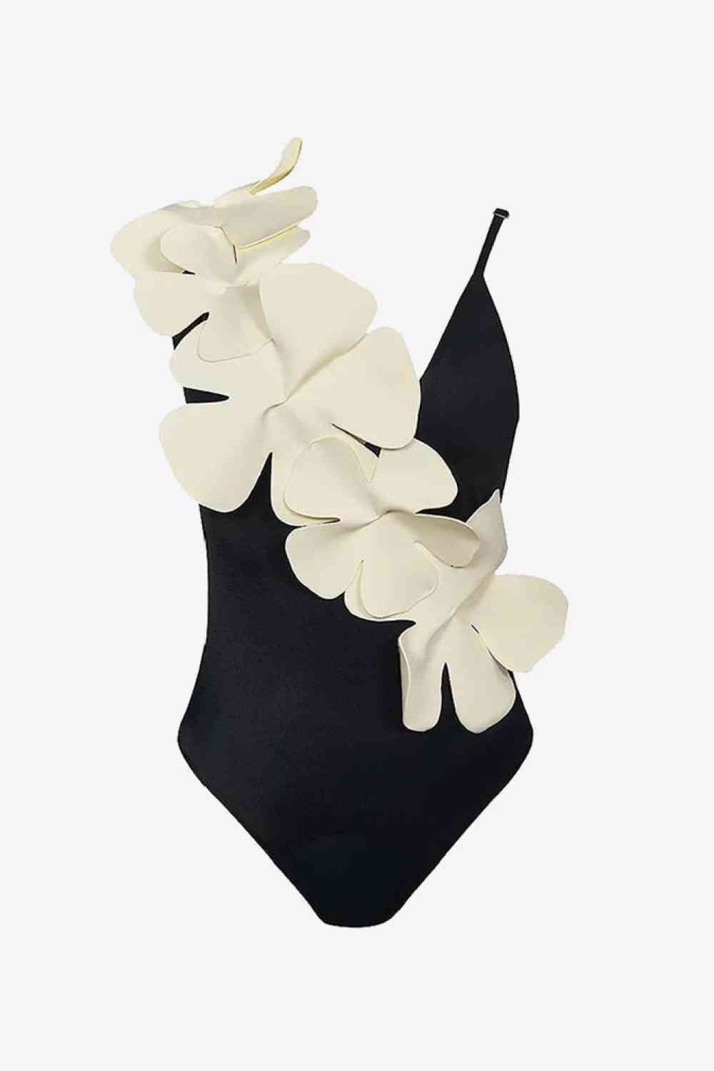 Flower Contrast One-Piece Swimsuit Black