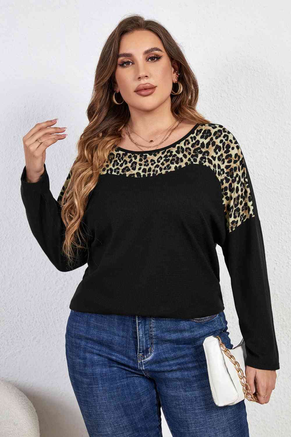 Melo Apparel Plus Size Leopard Trim Round Neck Long Sleeve Tee