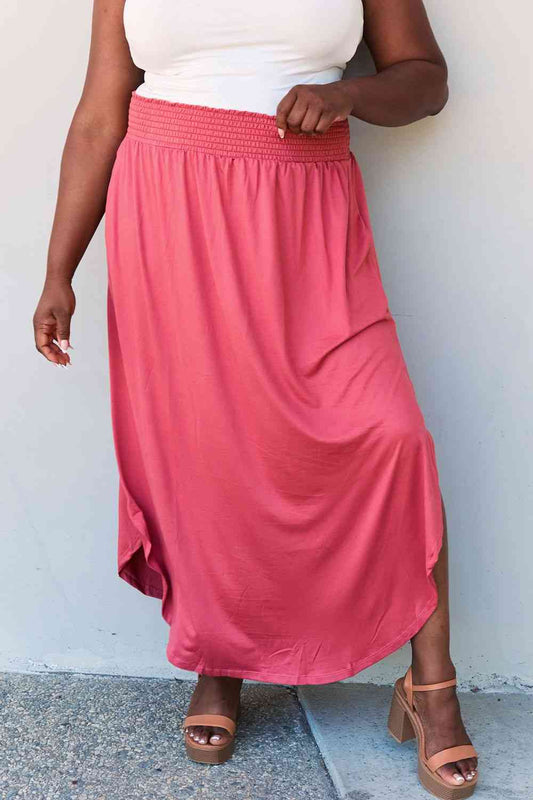 Doublju Comfort Princess Full Size High Waist Scoop Hem Maxi Skirt in Hot Pink Cranberry