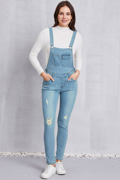 Distressed Washed Denim Overalls with Pockets Light