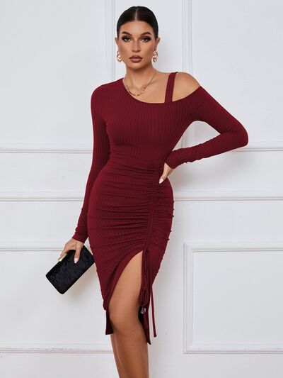 Ribbed Ruched Drawstring Wrap Dress Wine