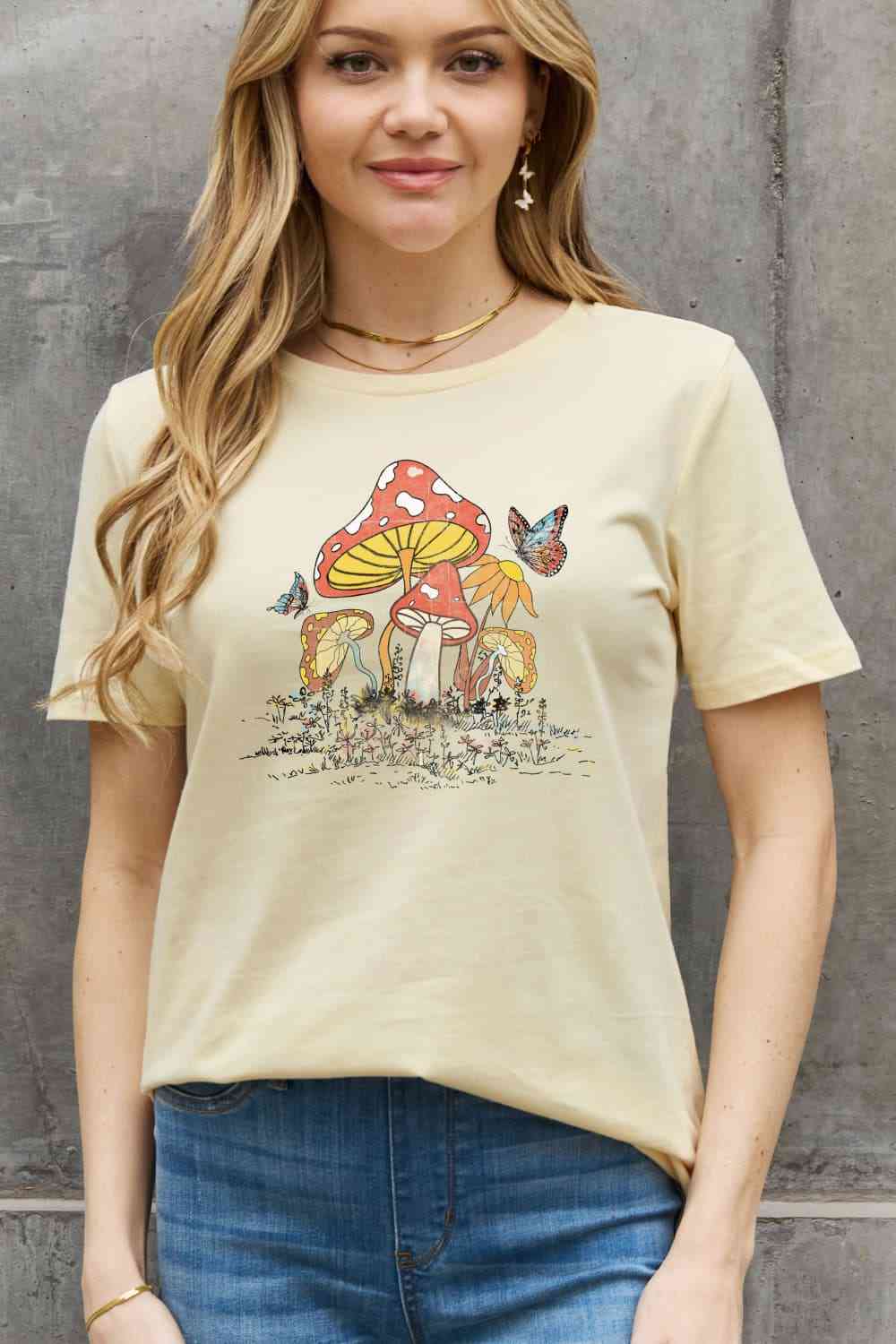 Simply Love Full Size Mushroom & Butterfly Graphic Cotton T-Shirt Ivory