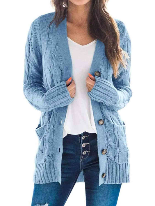 Cable-Knit Buttoned Cardigan with Pockets Misty Blue