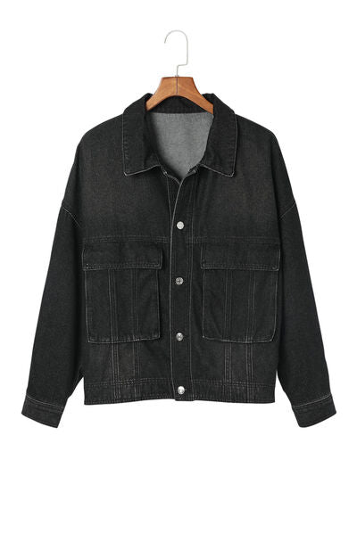 Button Up Dropped Shoulder Denim Jacket with Pockets Black