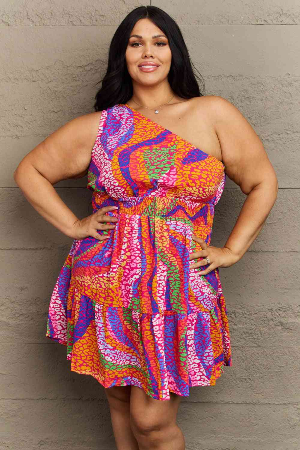 Hailey & Co Fall Back Plus Size One Shoulder Mini Tiered Dress Multicolor