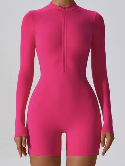 Half Zip Long Sleeve Active Romper Hot Pink