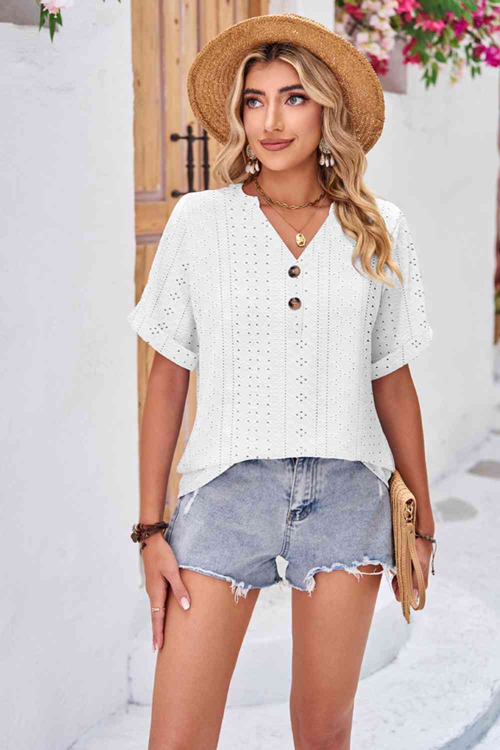 Buttoned Notched Neck Eyelet Top White