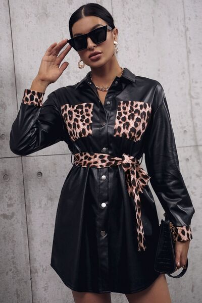 Tied Leopard Snap Down Trench Coat Black