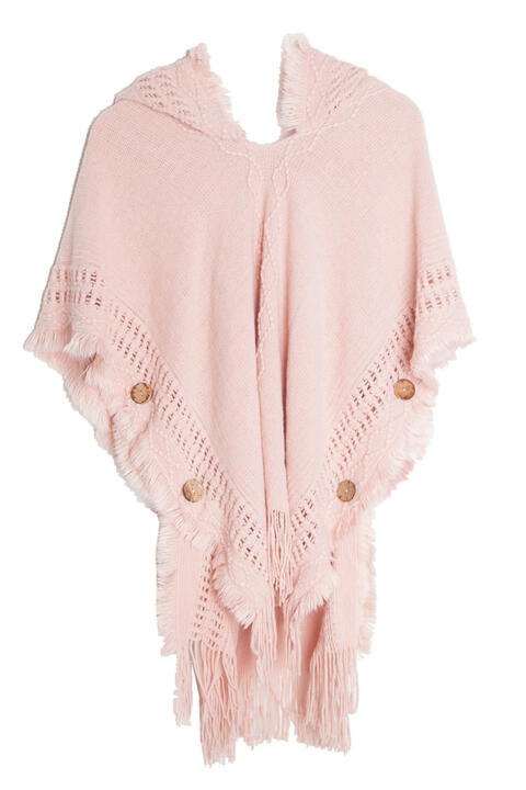 Fringe Hem Hooded Poncho Peach One Size