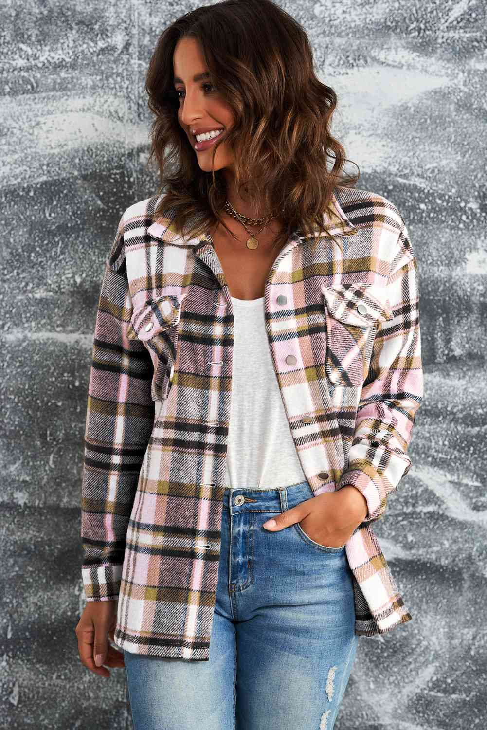 Double Take Plaid Button Front Shirt Jacket with Breast Pockets Pink