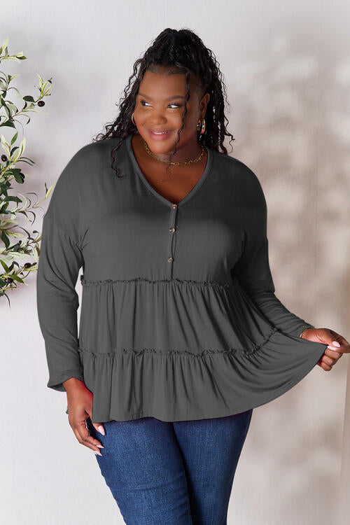 Double Take Half Button Long Sleeve Ruffle Hem Blouse Charcoal