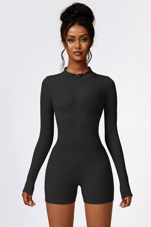 Half Zip Long Sleeve Active Romper Black