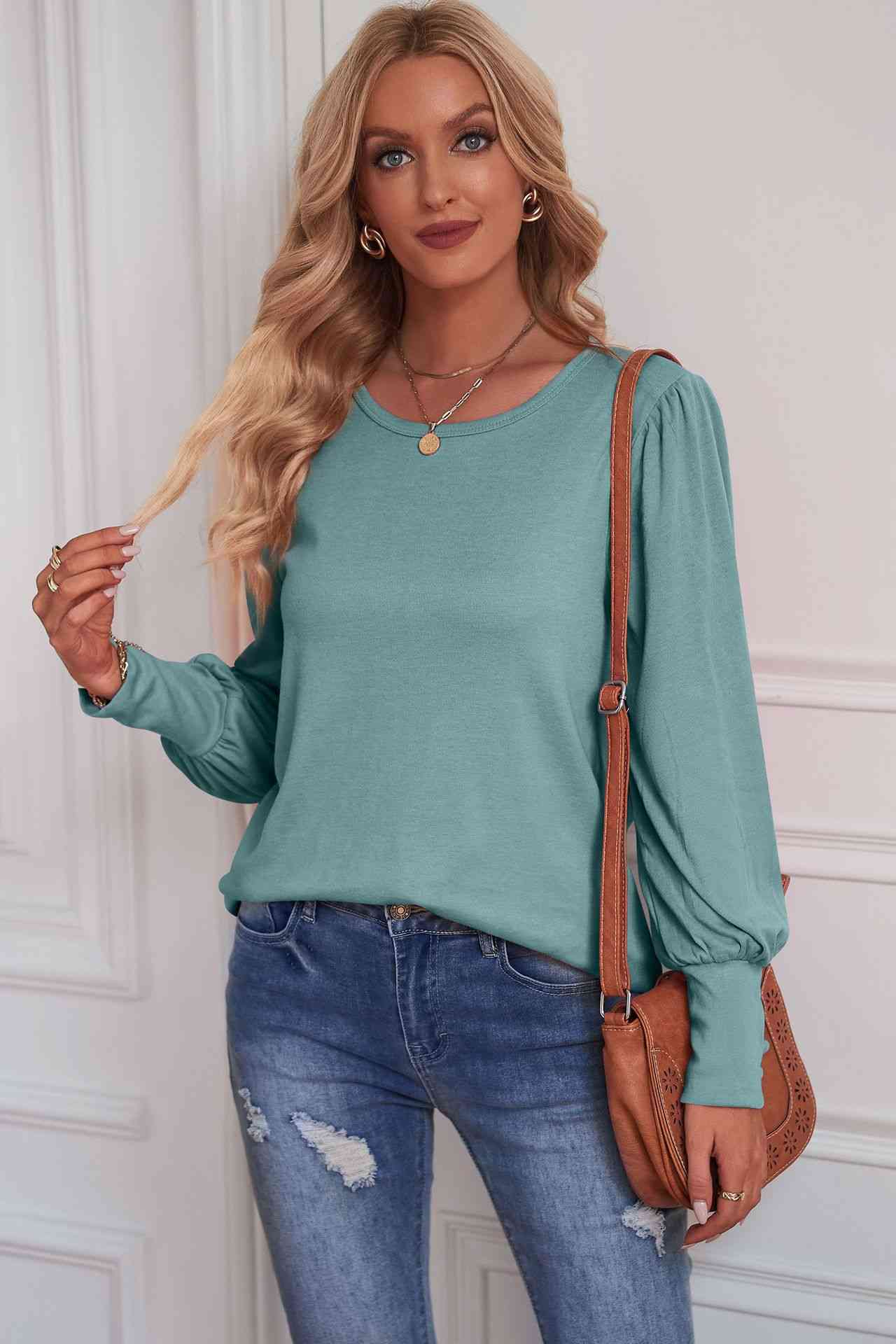 Round Neck Puff Sleeve T-Shirt Turquoise