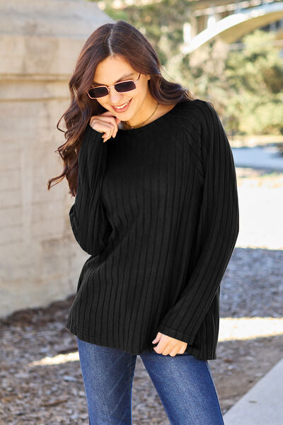 Basic Bae Full Size Ribbed Round Neck Long Sleeve Knit Top Black