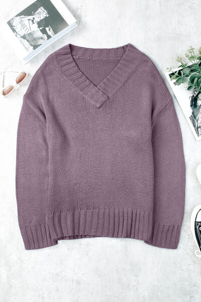 V-Neck Dropped Shoulder Sweater Lilac