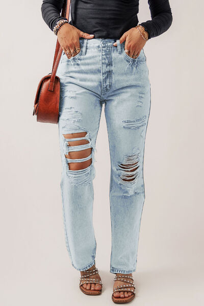 Distressed Buttoned Jeans with Pockets Light