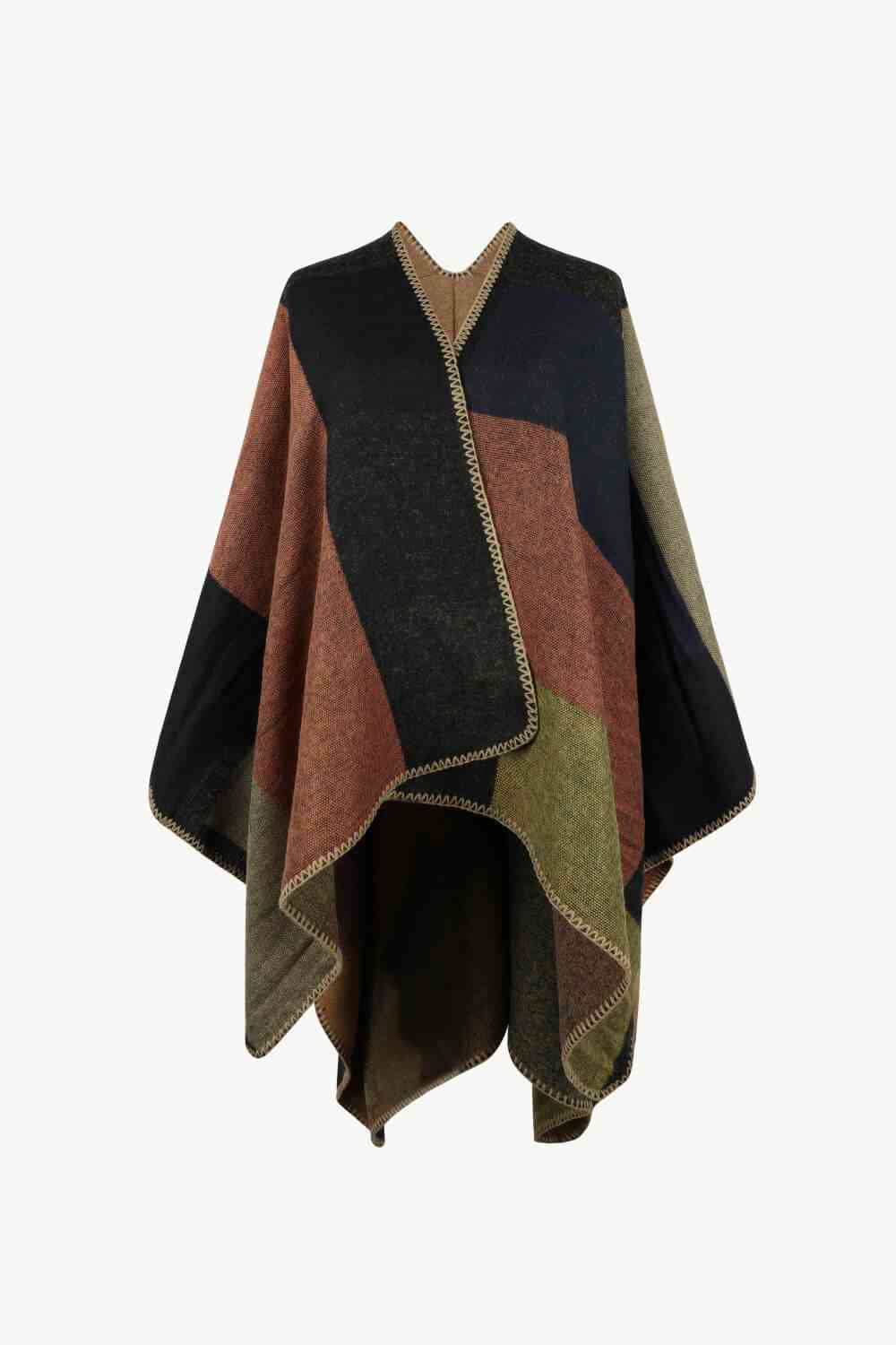 Color Block Open Front Poncho Camel One Size