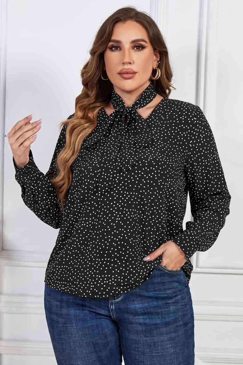 Melo Apparel Plus Size Printed Tie Neck Long Sleeve Blouse Black