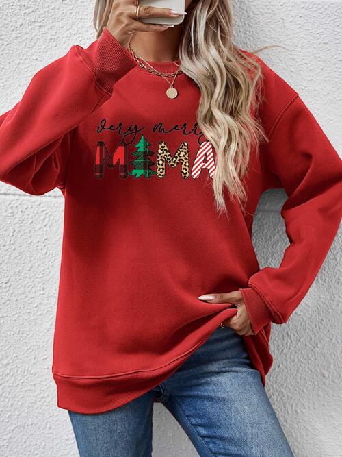 Letter Graphic Round Neck Long Sleeve Sweatshirt Deep Red