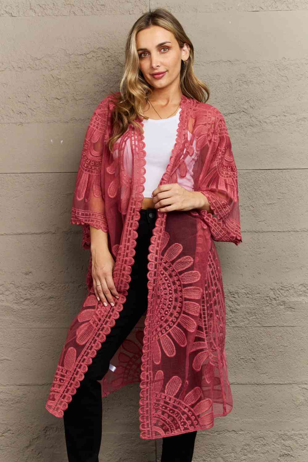 Justin Taylor Legacy Lace Duster Kimono Rose One Size