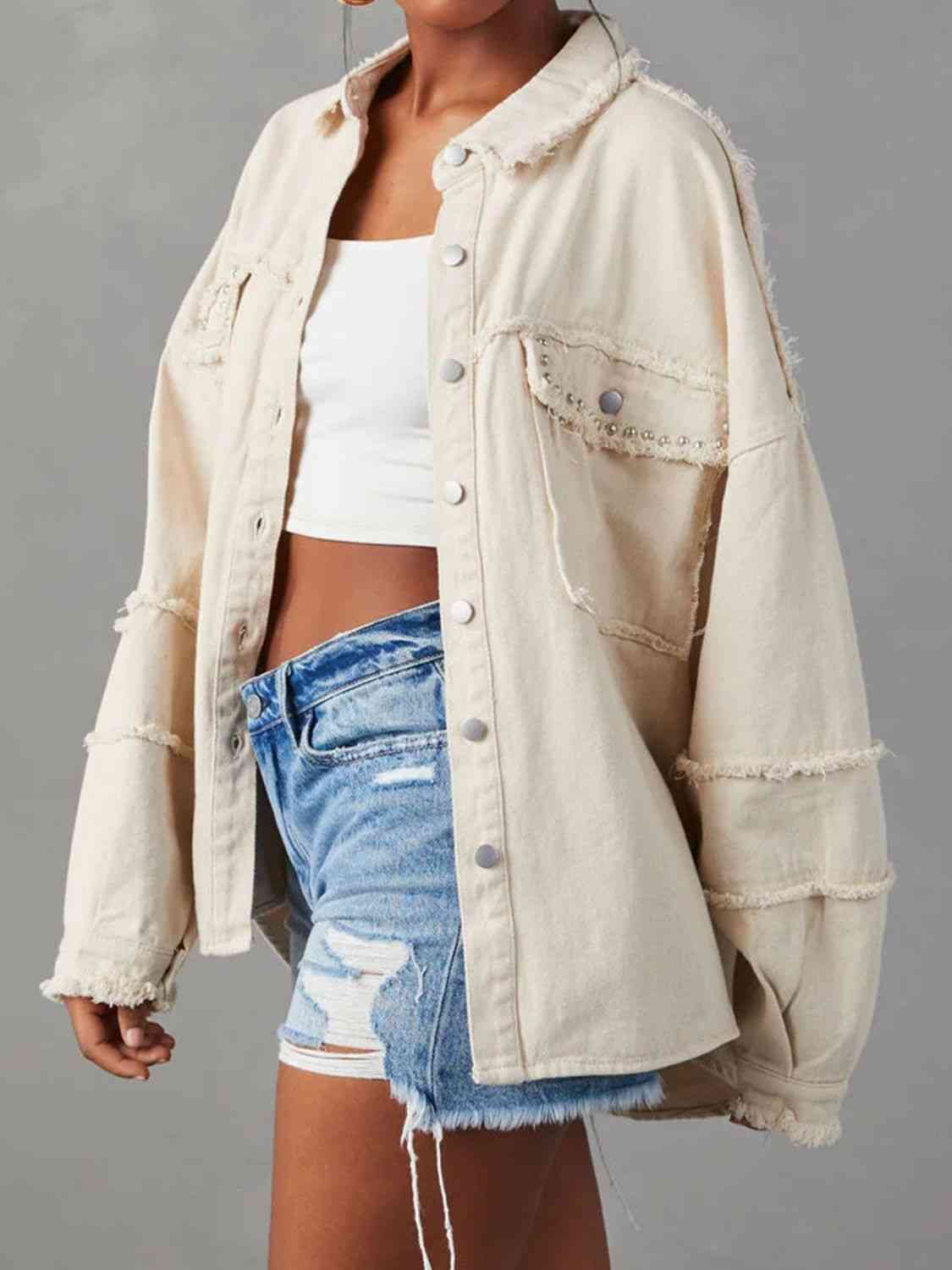 Button Down Raw Hem Denim Jacket Ivory