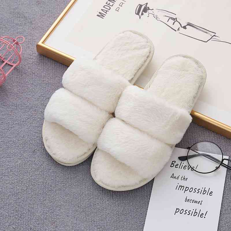 Faux Fur Double Strap Slippers Ivory