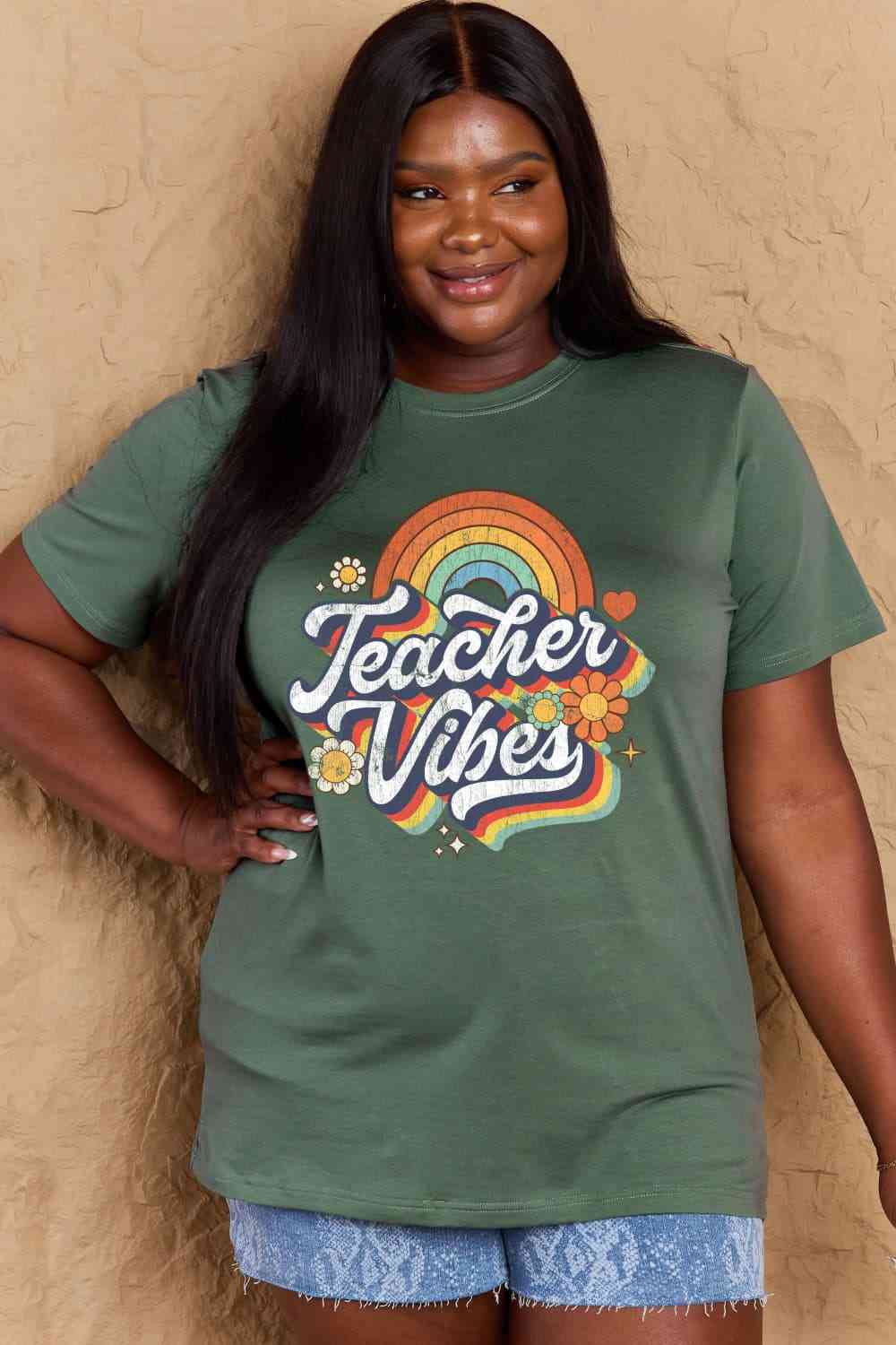 Simply Love Full Size TEACHER VIBES Graphic Cotton T-Shirt Green