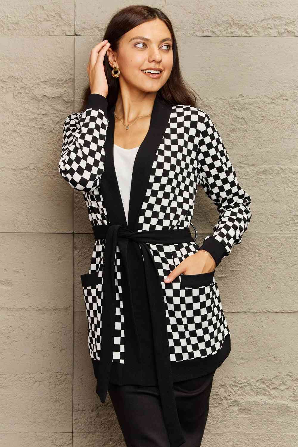 Ninexis Full Size Plaid Tie Waist Pocketed Cardigan White