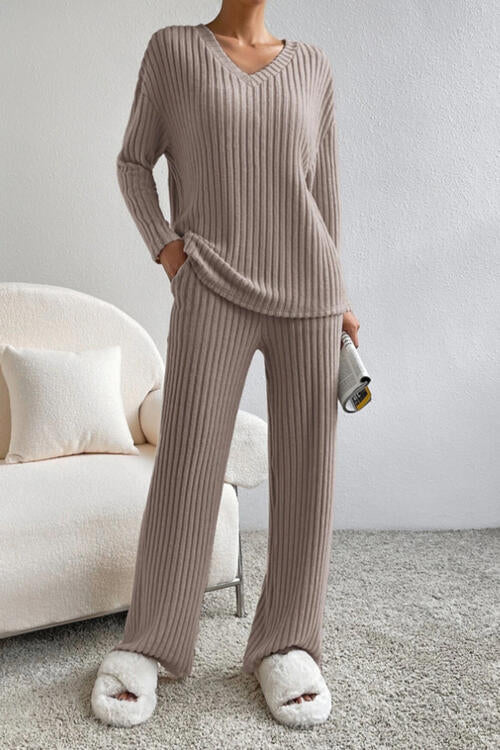 Ribbed V-Neck Top and Pants Set Camel