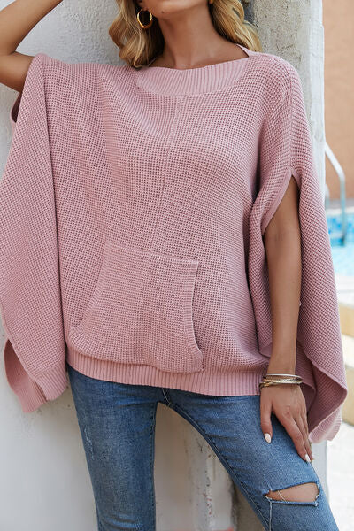 Waffle-Knit Pocketed Cape Sleeve Sweater Carnation Pink