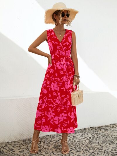 Tied Printed Surplice Tiered Dress Deep Rose