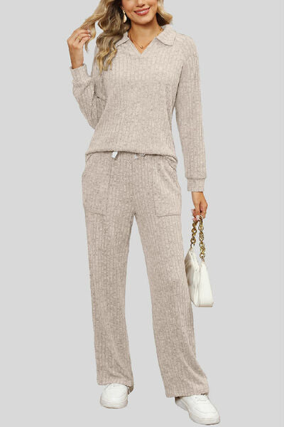Ribbed Long Sleeve Top and Pocketed Pants Set Dust Storm