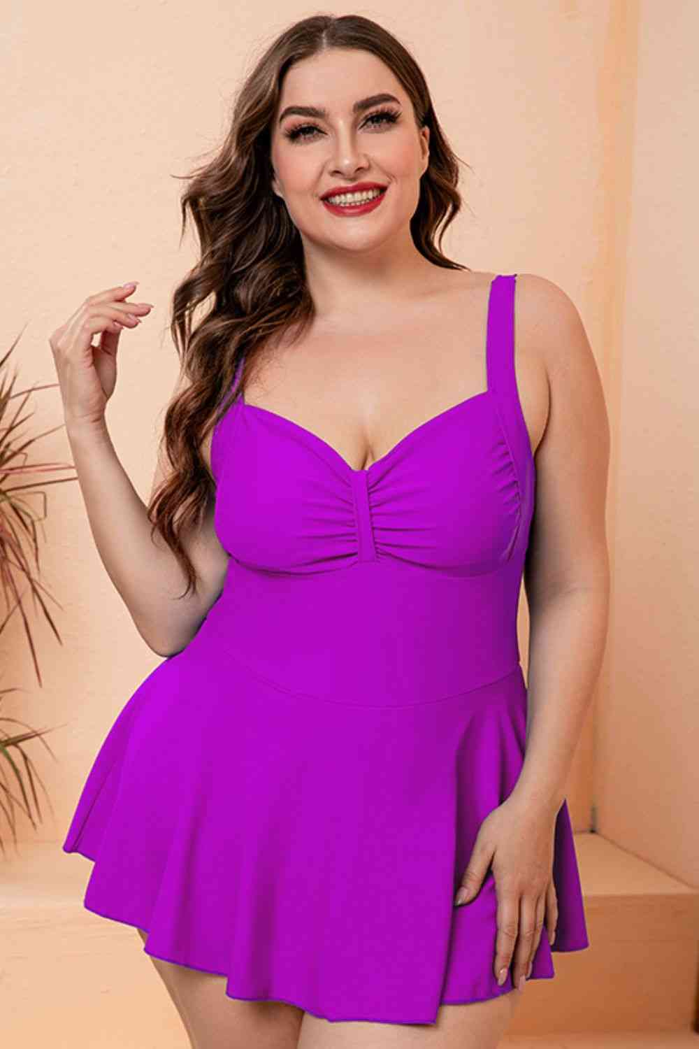 Full Size Gathered Detail Swim Dress Purple