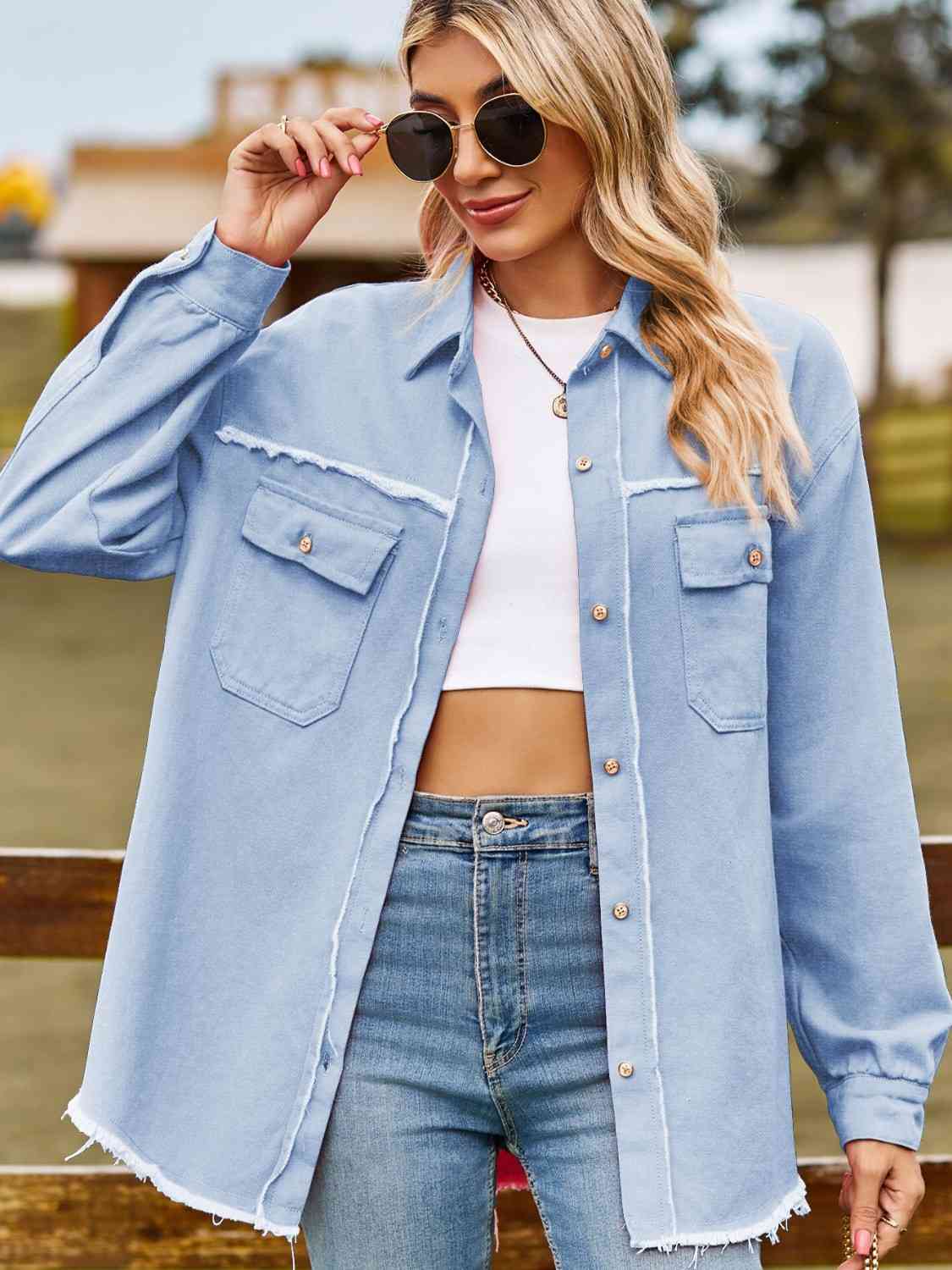 Button Up Collared Neck Raw Hem Denim Top Misty Blue