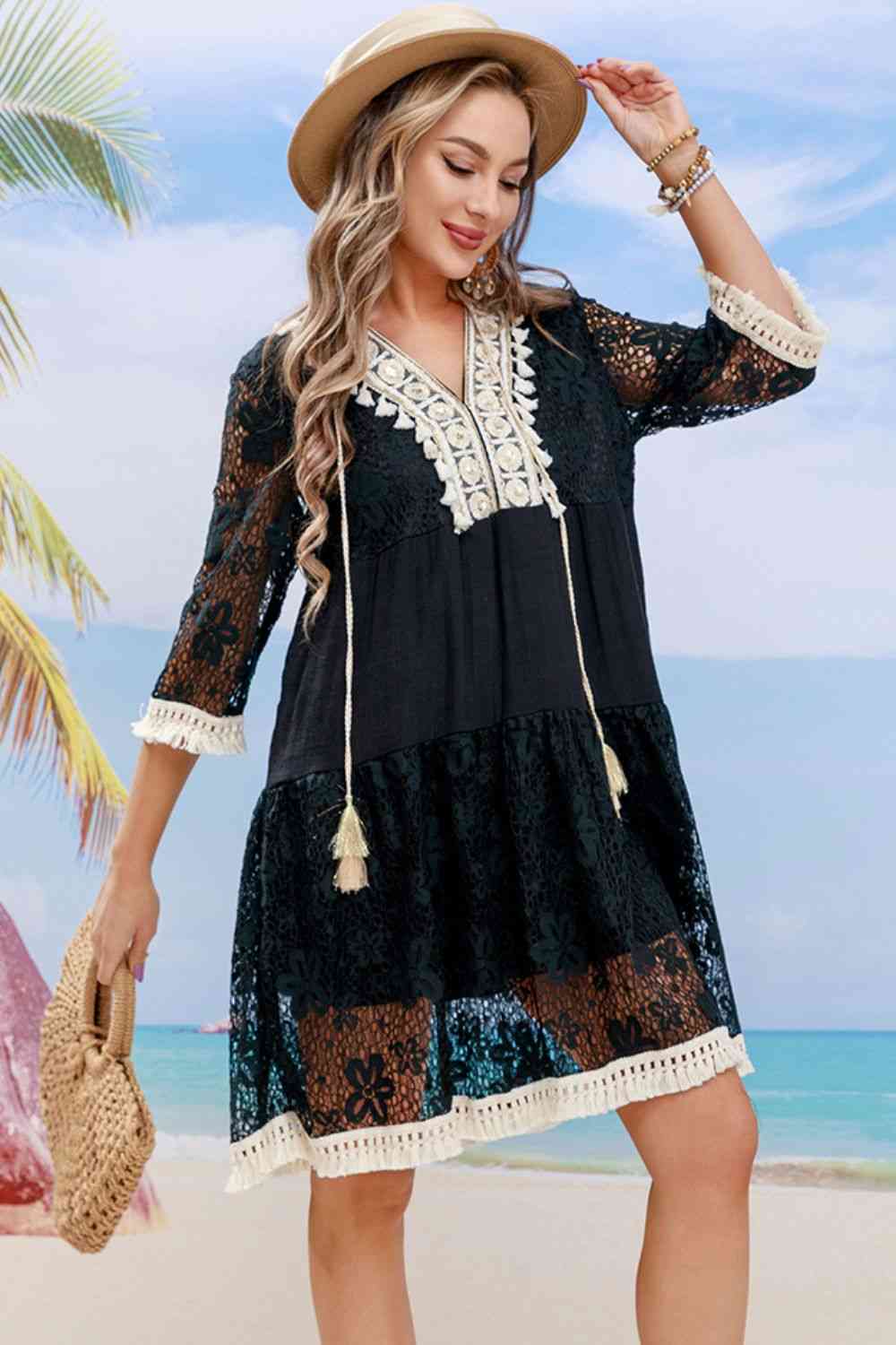 Tassel Spliced Lace Cover Up Black One Size