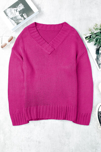 V-Neck Dropped Shoulder Sweater Hot Pink