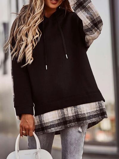 Plaid Drawstring Dropped Shoulder Hoodie Black