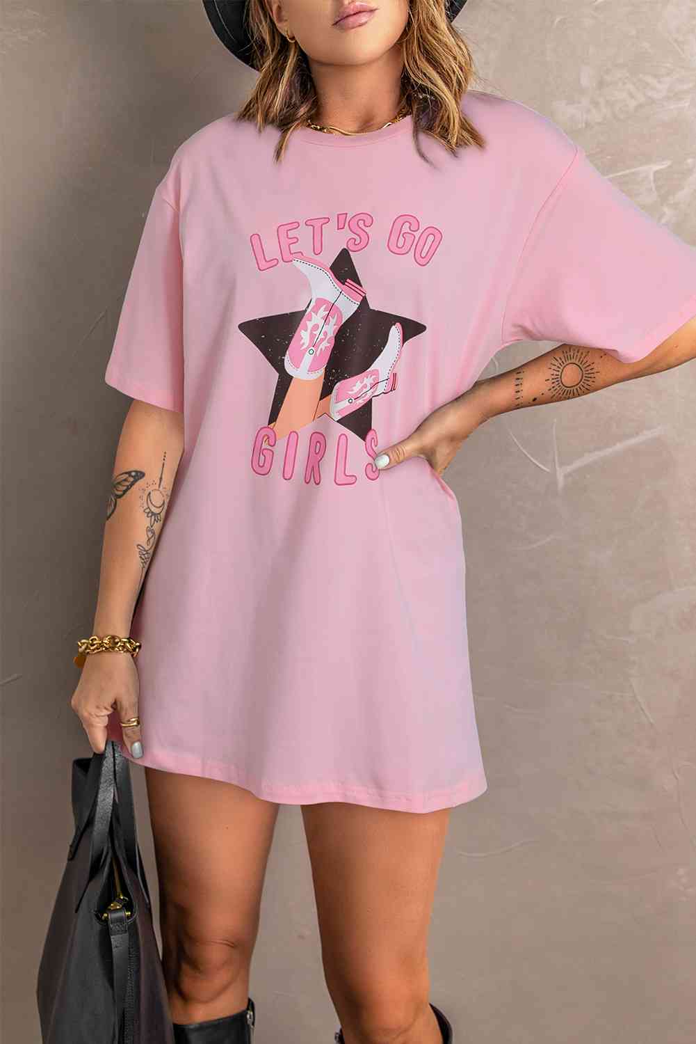 Graphic Round Neck Dropped Shoulder Long Tee Blush Pink