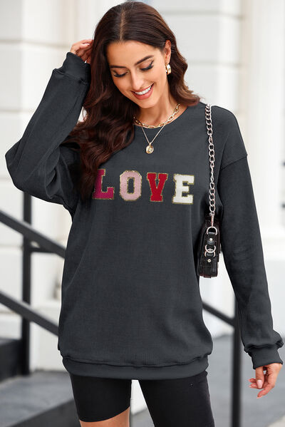 LOVE Round Neck Dropped Shoulder Sweatshirt Black