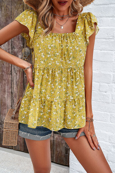 Printed Square Neck Cap Sleeve Blouse Chartreuse