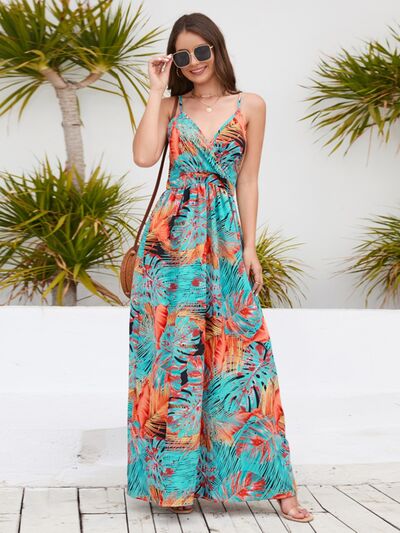 Printed Surplice Spaghetti Strap Dress Turquoise