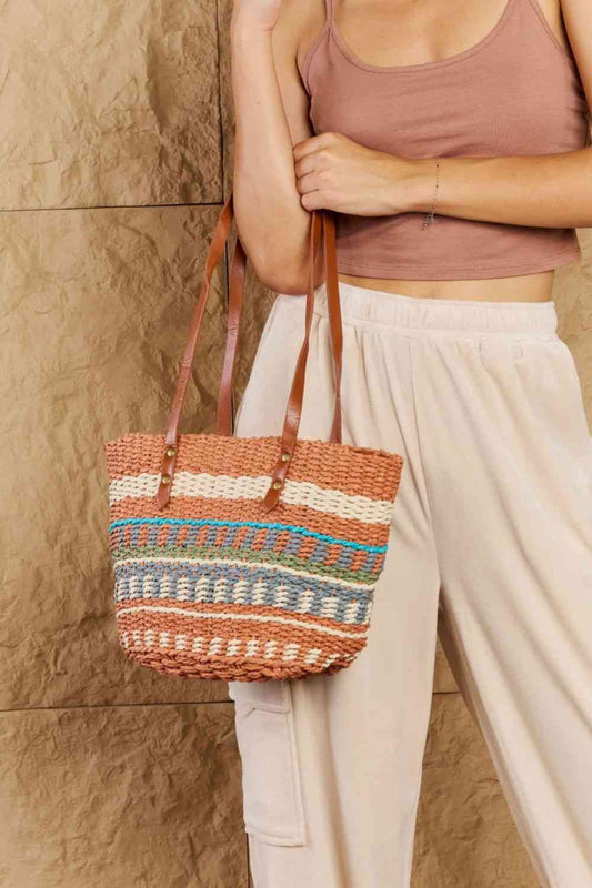 Fame By The Sand Straw Braided Striped Tote Bag Orange One Size