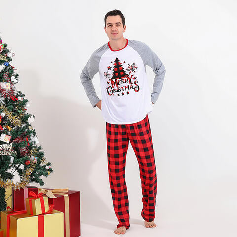 Men MERRY CHRISTMAS Graphic Top and Plaid Pants Set White