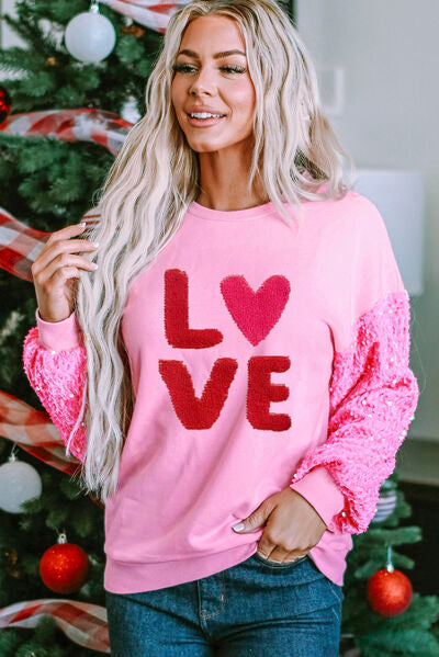 LOVE Sequin Dropped Shoulder Sweatshirt Carnation Pink