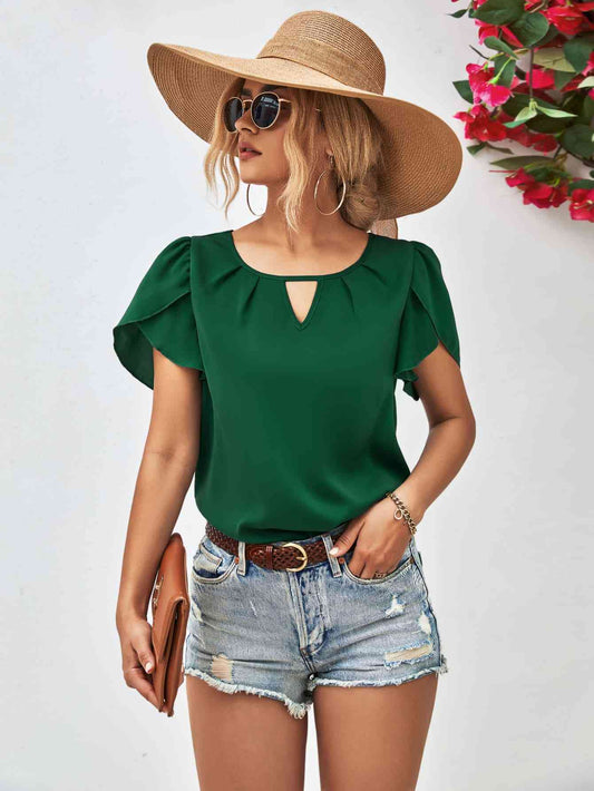 Cutout Round Neck Petal Sleeve Blouse Forest