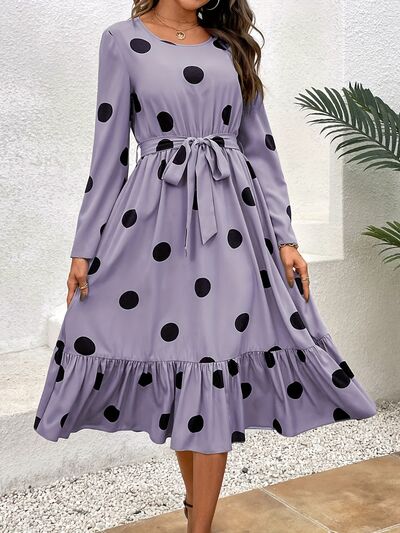 Tied Polka Dot Round Neck Ruffle Hem Dress Lavender