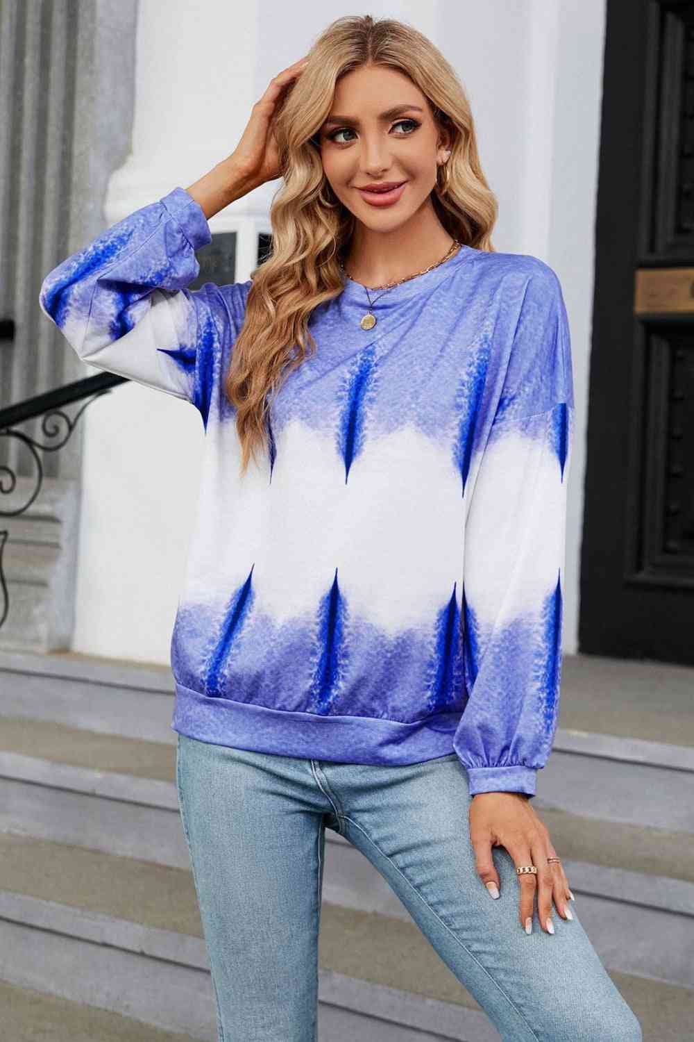 Gradient Round Neck Long Sleeve Sweatshirt Cobalt Blue