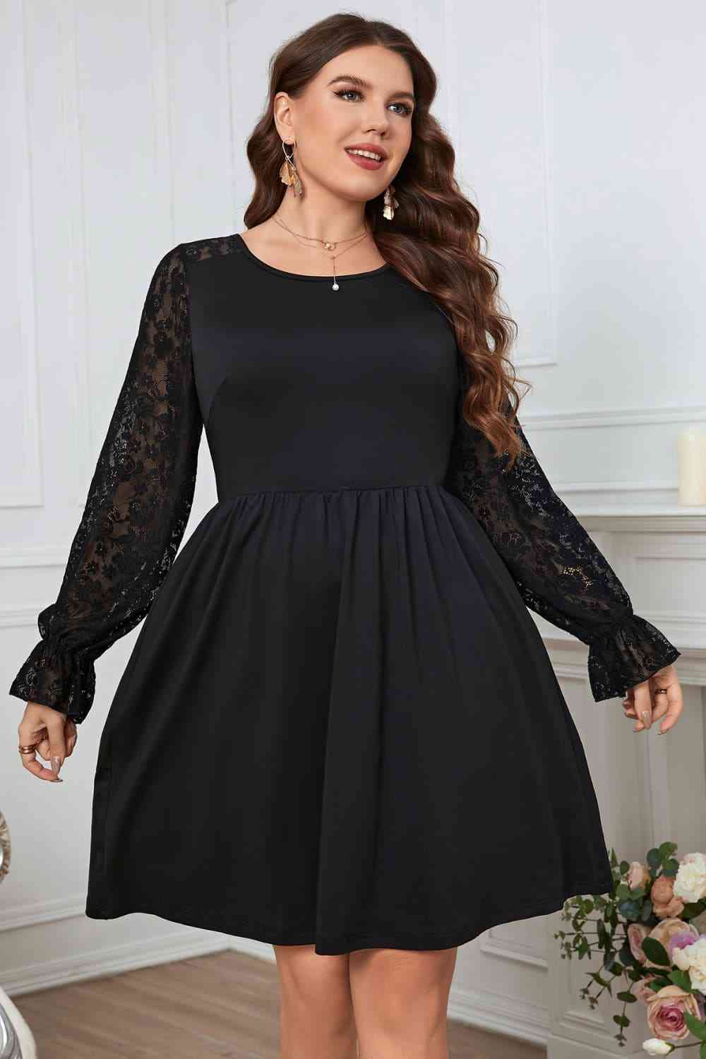 Melo Apparel Plus Size Lace Trim Round Neck Flounce Sleeve Dress Black